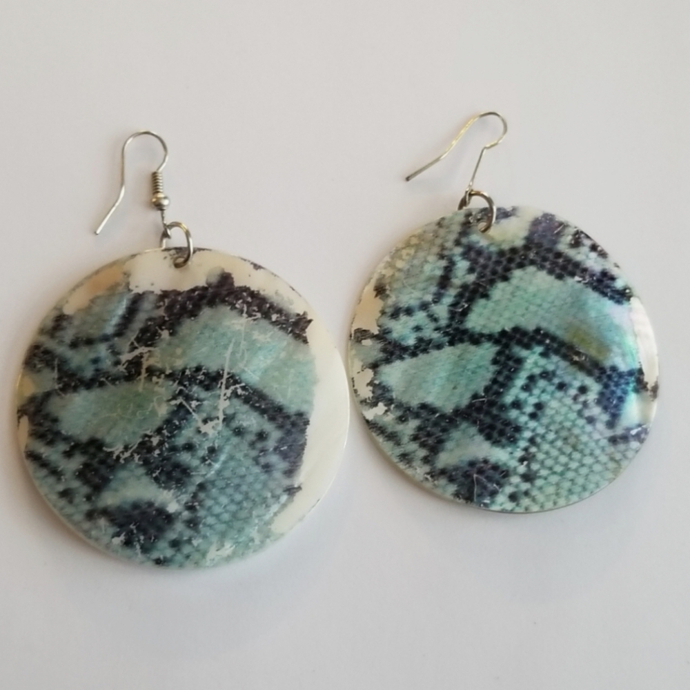 Snake print earrings large seashell sea shell circle discs dangly mermaid blue